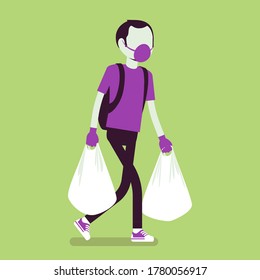 Man shopping, wearing mask, gloves for personal health care, protection during pandemic. Male consumer carrying supermarket bags purchasing in grocery store. Vector creative stylized illustration