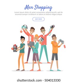 Man shopping web banner. Group of young happy males with diferrent electronics in hands purchased on sale flat vector illustration on white background. For stores discounts promotions landing page
