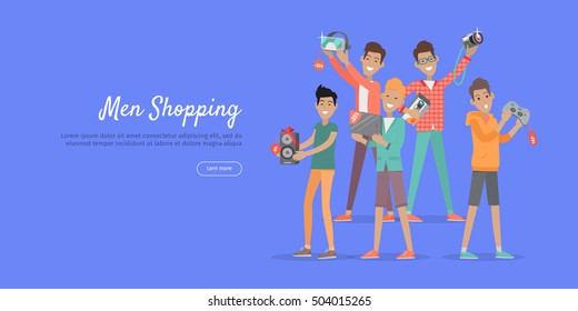 Man shopping web banner. Group of young happy males with diferrent electronics in hands purchased on sale flat vector illustration on blue background. For stores discounts promotions landing page