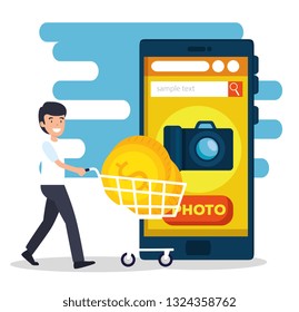 man with shoppping car and smartphone website sell