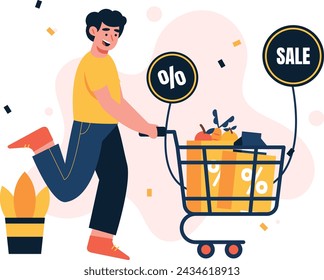 A man shops when there are lots of discounts