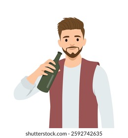 Man with short brown hair is holding a green bottle near his mouth, appearing relaxed and casual. Flat vector illustration isolated on white background