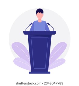 A man with short hair speaking to the public on the podium. Vector illustration in flat style. Isolated on a white background.