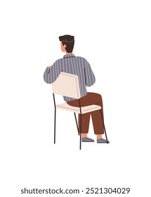 A man with short hair wearing a striped shirt and brown trousers sits in a chair, looking slightly to the side. Ideal for business presentations, educational materials, health care guides, lifestyle