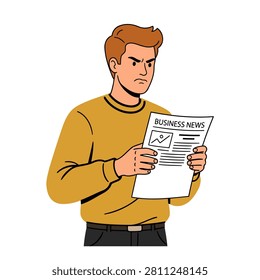 A man with short, reddish brown hair looked irritated. He had an irritated expression on his face, his eyebrows arched downwards, and he was holding a piece of paper. Flat vector modern illustration