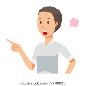A man in a short sleeve shirt is angrily pointing to a finger