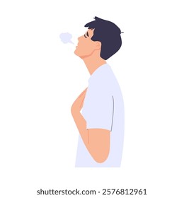 Man with shortness of breath, breathing difficulties, gasping for air, out of breath, struggling to breathe. Vector character illustration. Isolated on white background.