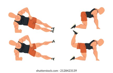 Man in Shorts Doing Sport Workout and Strength Exercise Standing in Side Plank Vector Set