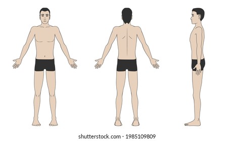 Hombre con pantalones cortos delante, atrás y al costado sobre un fondo blanco