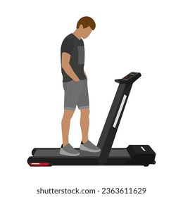 A man in shorts and with hands in his pockets standing on a treadmill on a white background