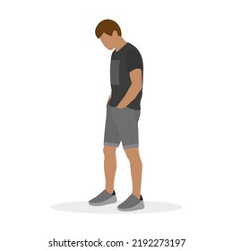 A man in shorts and with his hands in his pockets stands and looks down on a white background