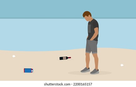 A man in shorts and with his hands in his pockets walks along the beach and looks at the garbage on the sand