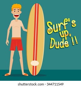 Man In Shorts Holding Wooden Surf Board, Vector Cartoon