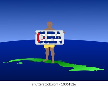 man in shorts on map of Cuba with sign