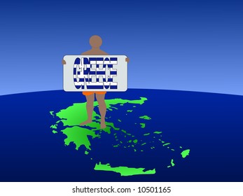 man in shorts on map of Greece with sign