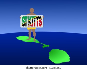 man in shorts on map of St Kitts with sign