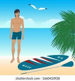 Man in shorts on a sandy shore with a surfboard - vector. Banner. Camping. Tourism