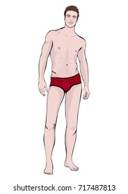 Man in shorts standing front side full-length, vector cartoon male portrait, multicolored painted muscular athlete in red underwear isolated on white background