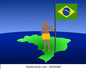 man in shorts standing on map of Brazil with flag