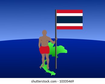 man in shorts standing on map of thailand with flag