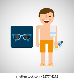 Man Shorts Sunglasses Towel Beach Vacations Vector Illustration Eps 10