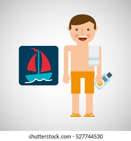 man shorts towel beach vacations boat vector illustration eps 10