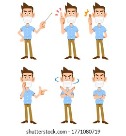 A man in a short-sleeved shirt with a mask, 6 types of gestures and facial expressions