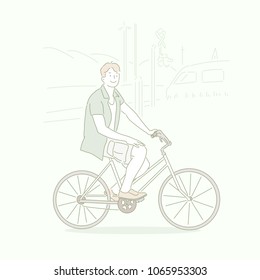 The man in a short-sleeved shirt and shorts is riding a bike. hand drawn style vector doodle design illustrations.