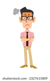 A man in a short-sleeved shirt and tie wearing glasses, getting angry with his arms folded