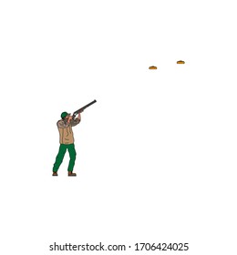 Man With Shotgun Practicing Clay Pigeon Shooting. Vector Illustration For Web And Mobile Design.