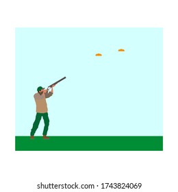 Man With Shotgun Practicing Clay Pigeon Shooting. Vector Illustration For Web And Mobile Design.