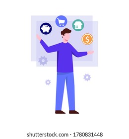 Man should can be manage his own finance. He should manage the income and outcome with balance. Vector illustration with simple purple style 