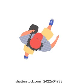 Man with shoulder bag walking forward overhead vector illustration. Movement direction. Person in casual clothes and red cap. Student male isolated cartoon character top view on white background