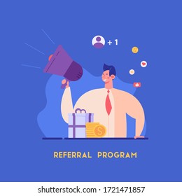 Man with a shout and invites friends. Refer a friend. Concept of referral program, inviting, business partnership, smm. Vector illustration in flat design for UI, banner, mobile app