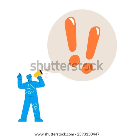 Man shout on megaphone with big exclamation mark warning. Colorful vector illustration

