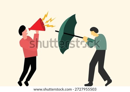 A man is shouting, and another man is holding an umbrella to protect him. Anger management and influence illustration
