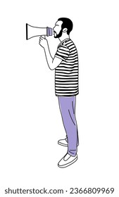 Man shouting by megaphone, loudspeaker, making announcement. Advertising, marketing business concept. Vector simple outline drawing for graphic, web design Isolated on white background.