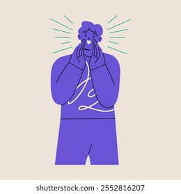 Homem gritando. Informe ou anuncie o conceito. Ilustração vetorial colorida
