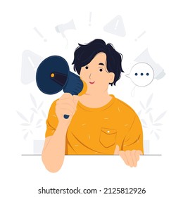 Man shouting and doing announcement in megaphone concept illustration