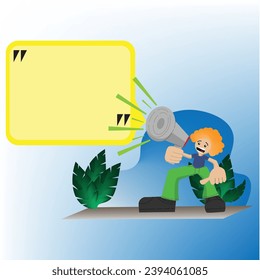 a man shouting giving an announcement using a loudspeaker, cartoon character flat design for announcement, quote, notice, promotion, marketing, banner,