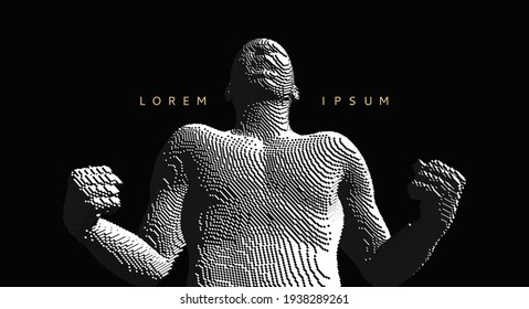 Man shouting and holding fists. Emotional overwhelmed guy yelling. Life perception or achievement concept. Come on, you can do it! Voxel art. 3D vector illustration. 