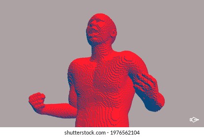 Man shouting and holding fists. Emotional overwhelmed guy yelling. Life perception or achievement concept. Come on, you can do it! Voxel art. 3D vector illustration. 