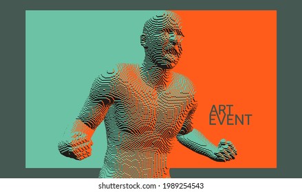 Man shouting and holding fists. Emotional overwhelmed guy yelling. Life perception or achievement concept. Come on, you can do it! Voxel art. 3D vector illustration. 