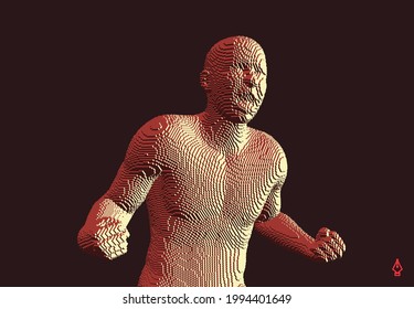 Man shouting and holding fists. Emotional overwhelmed guy yelling. Life perception or achievement concept. Come on, you can do it! Voxel art. 3D vector illustration. 