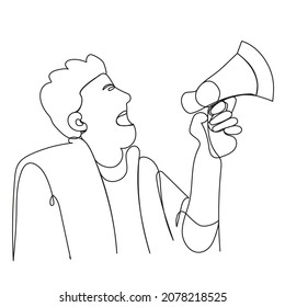Hombre gritando en una mano megáfona dibujada por una línea sobre un fondo blanco. Activista del altavoz. Líder del movimiento. Ilustración vectorial con contorno modificable. Imagen de un altavoz.