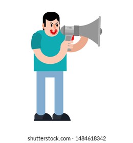 Man shouting into megaphone isolated. Vector illustration