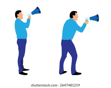 Man Shouting into Megaphone Isolated on White. People advertising a business product and public speech activity vector art