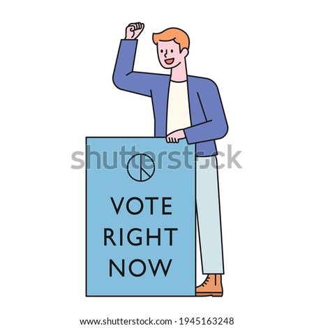 A man is shouting with a large picket upright. flat design style minimal vector illustration.
