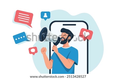 Man shouting in loud speaker. Influencer or social marketing concept
