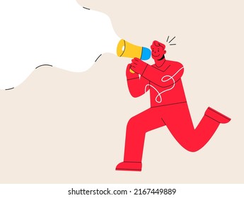 Man shouting in loudspeaker. Man holding megaphone. Concept of big sale, discount, fresh news or new collection for ads or web banners. Colorful vector illustration
